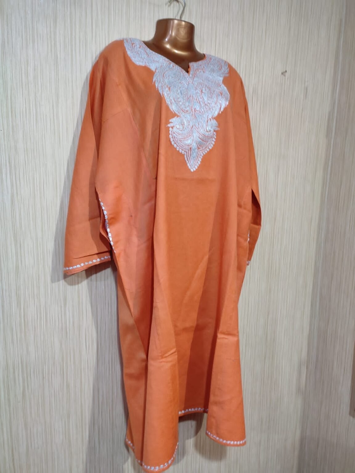 Tilla Work Raffle Wool Kashmiri Pheran in Orange Colour - Kashmir ...