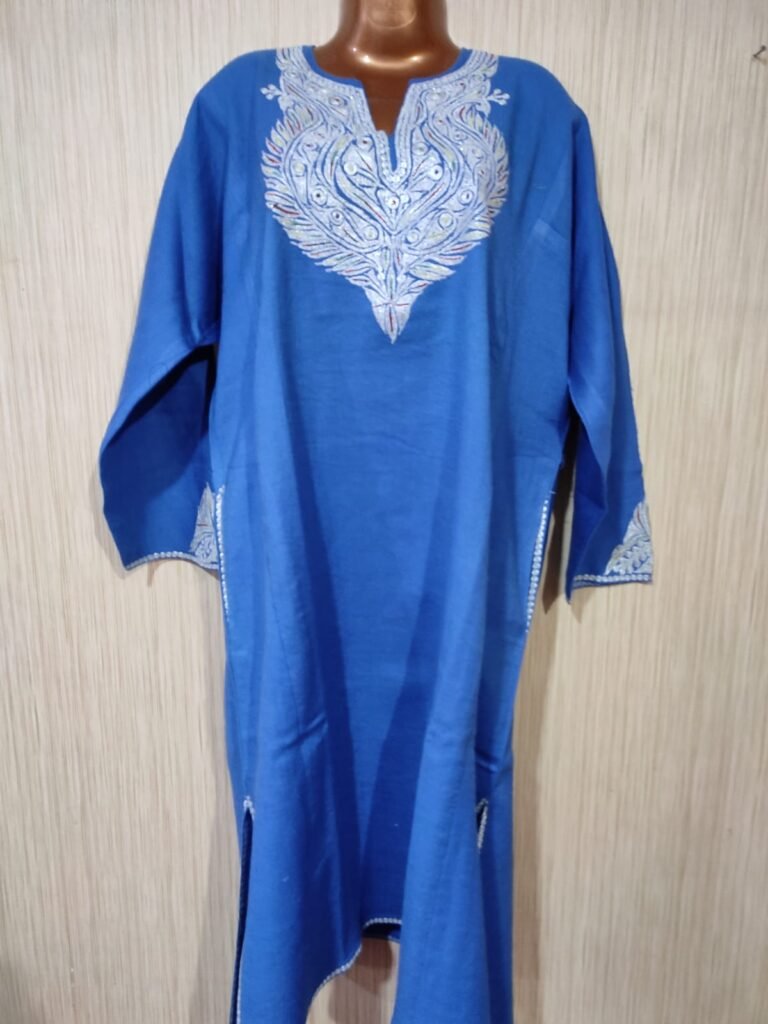 Tilla Work Raffle Wool Pheran in Azure Color Wholesale