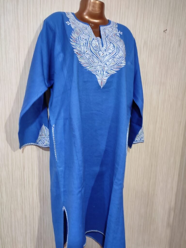 Tilla Work Raffle Wool Pheran in Azure Color Wholesale