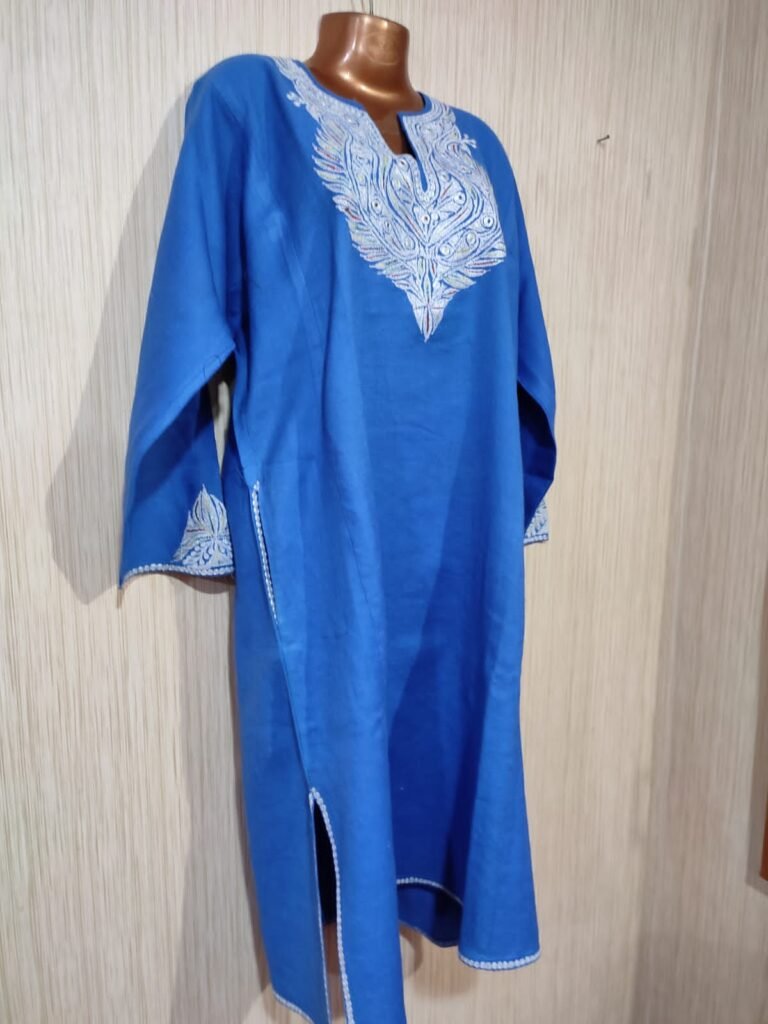 Tilla Work Raffle Wool Pheran in Azure Color Wholesale