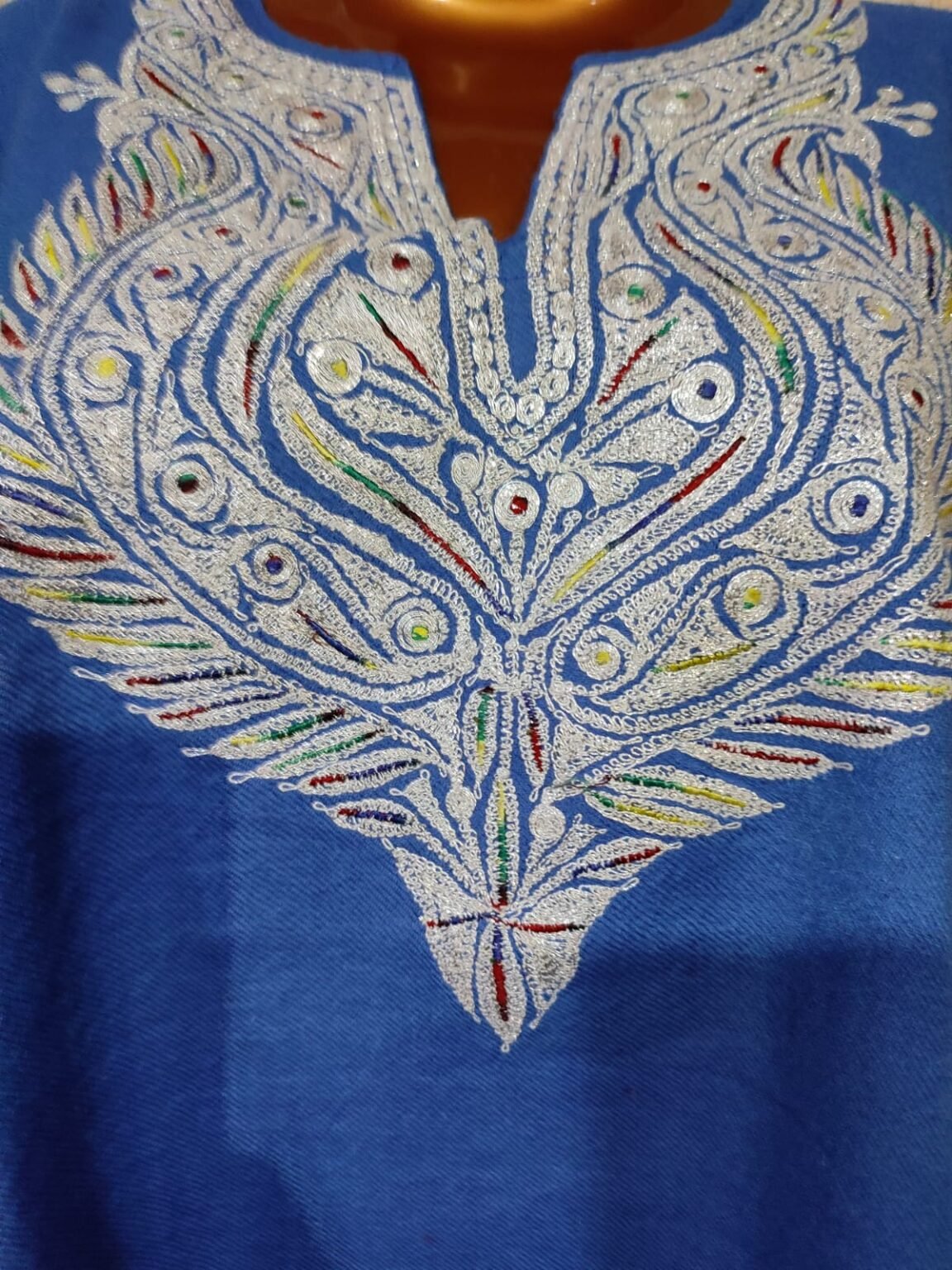 Tilla Work Raffle Wool Pheran in Azure Color Wholesale