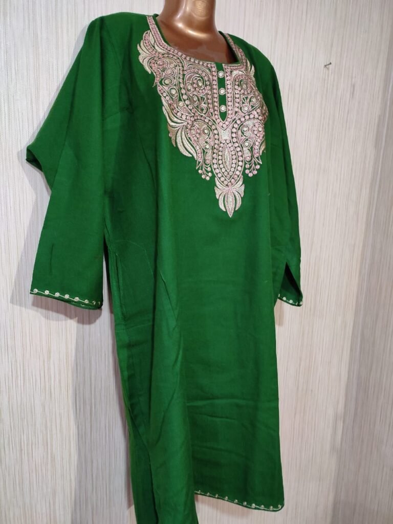 Tilla Work Raffle Wool Pheran Green - Kashmir Wholesale Bazar