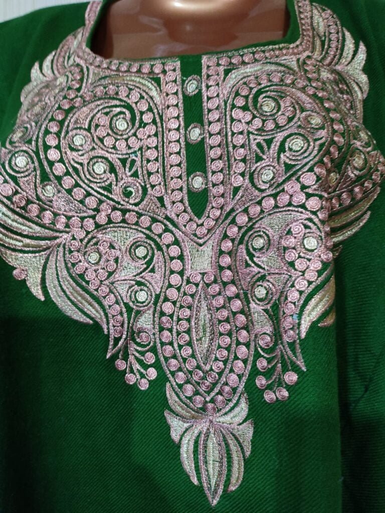 Tilla Work Raffle Wool Pheran Green - Kashmir Wholesale Bazar