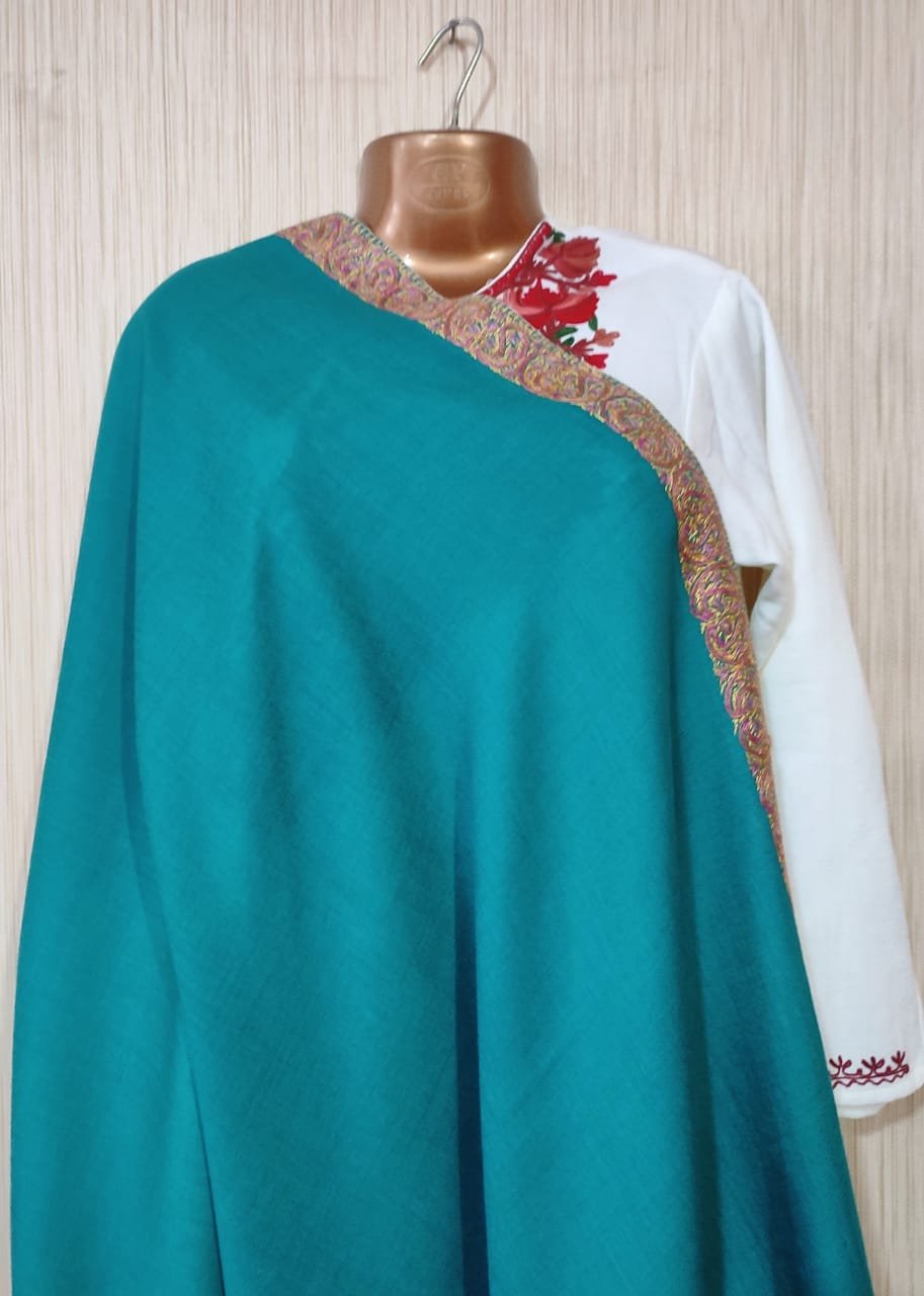 Pashmina Kashmiri Shawl Aquamarine, Border Embroidery