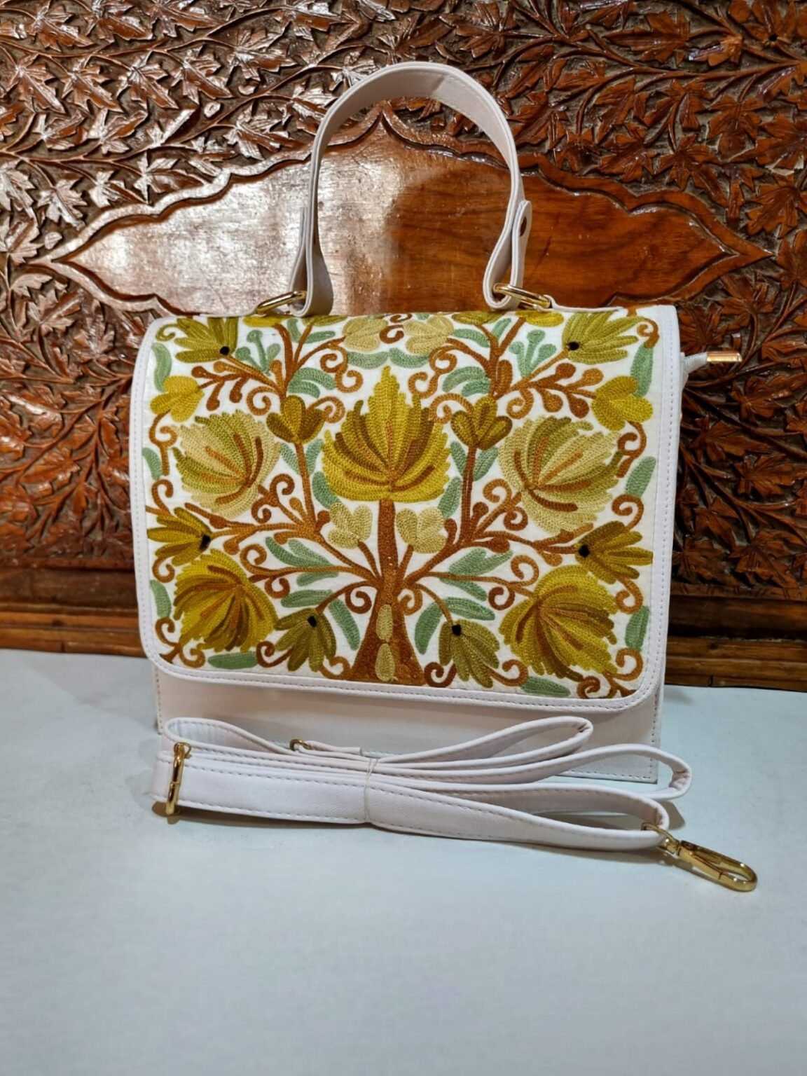 Crewel Embroidered Tote Bag, Shopping Carry Bag, White on Mustard #CBG -  Best of Kashmir