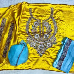 3-piece Satin Silk Unstitched Suitwith beautiful Botta Tilla #9