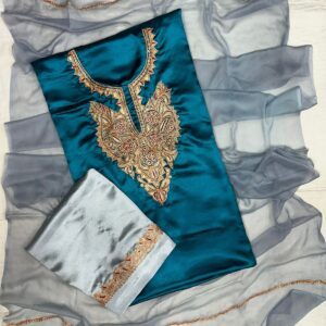 3-piece Satin Silk Unstitched Suitwith beautiful Botta Tilla #4