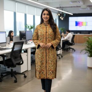 Pure Woolen Long Coat with full Kashmiri Ari Embroidery in Golden Threads