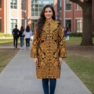 Pure Woolen Long Coat with full Kashmiri Ari Embroidery in Golden Threads on Black