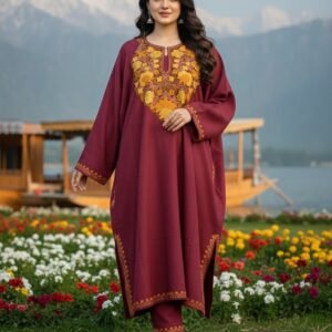 Beautiful Aari Work Pheran in Cashmilon Red Colour