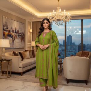 Heavy Cashmilon Phiran Set (3-Piece) with Machine Sozni Work Peach Colour