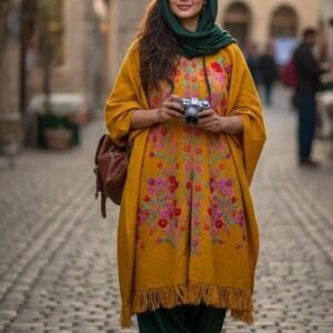 Kashmiri Woollen Cape Shawl with Hand Ari Embroidery