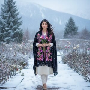 Kashmiri Woollen Cape Shawl with Hand Ari Embroidery - Black