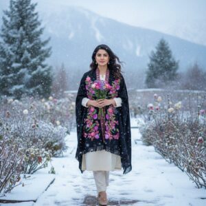 Kashmiri Woollen Cape Shawl with Hand Ari Embroidery - Black