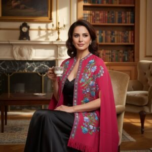 Kashmiri Woollen Cape Shawl with Hand Ari Embroidery Rose Pink