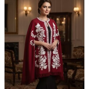 Kashmiri Woollen Cape Shawl with Hand Ari Embroidery - Red