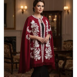 Kashmiri Woollen Cape Shawl with Hand Ari Embroidery - Red
