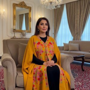 Kashmiri Woollen Cape Shawl with Hand Ari Embroidery - Mustard