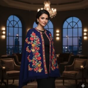 Kashmiri Woollen Cape Shawl with Hand Ari Embroidery - Dark Blue