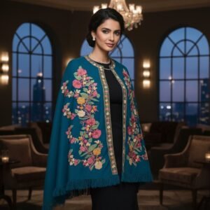 Kashmiri Woollen Cape Shawl with Hand Ari Embroidery - Blue