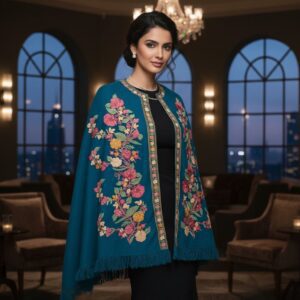 Kashmiri Woollen Cape Shawl with Hand Ari Embroidery - Blue