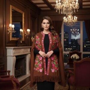 Kashmiri Woollen Cape Shawl with Hand Ari Embroidery - Brown
