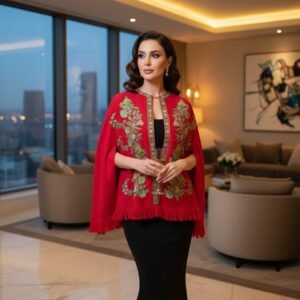 Kashmiri Woollen Cape Shawl with Hand Ari Embroidery - Red
