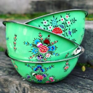 Artisan Hand-Painted Floral Stainless Steel Mixing Bowl – Large Decorative Serving & Prep Bowls (Green/Multi-Color)