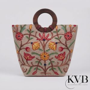 Premium Kashmiri Aari Tote Bag with Wooden Handle