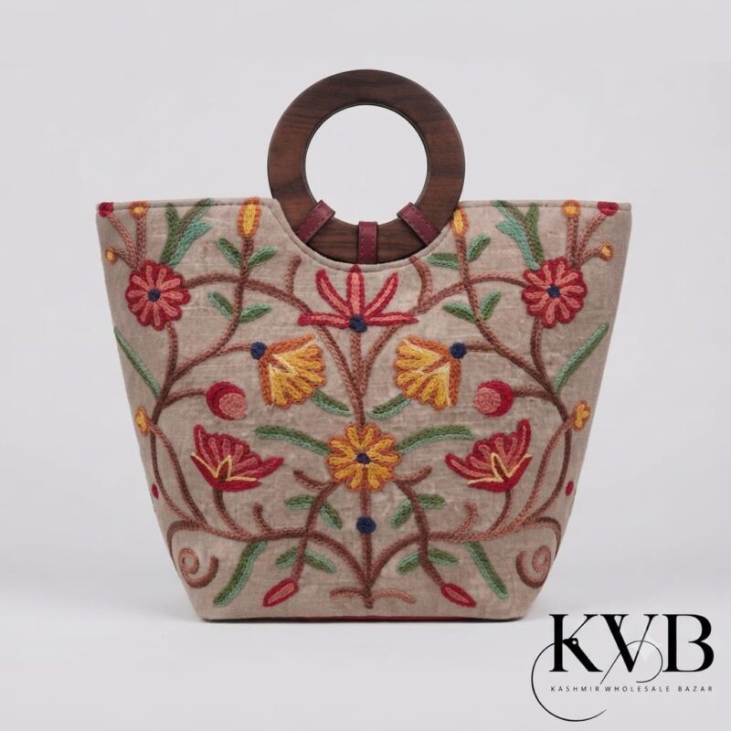 Ariwork-premium-bag(70) Premium Kashmiri Aari Tote Bag with Wooden Handle