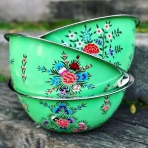 Artisan Hand-Painted Floral Stainless Steel Mixing Bowl – Large Decorative Serving & Prep Bowls (Green/Multi-Color)