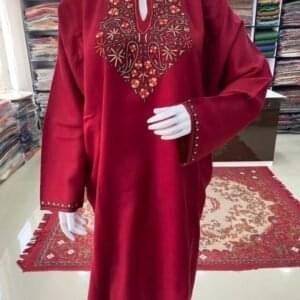 Sozni Work Ladies Woollen Pheran in Cherry Color