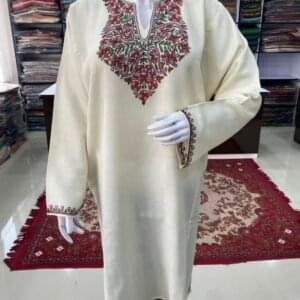 Sozni Work Ladies Woollen Pheran in Beige Color