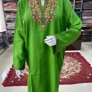 Sozni Work Ladies Woollen Pheran in Parrot Green Color