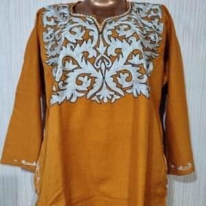 Silver Tilla Work Woolen Pheran in Mustard