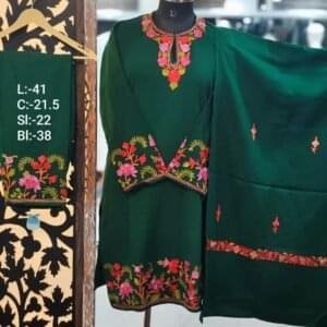 3-Piece Pheran Set in Pure Raffle Wool in Green Colour