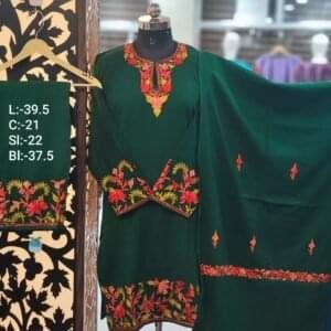 3-Piece Pheran Set in Pure Raffle Wool in Dark Green Colour