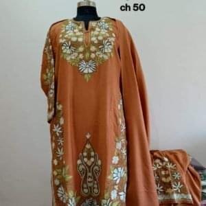 Pure Raffle Wool Pheran with Stole in Rust Colour