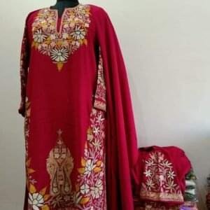 Pure Raffle Wool Pheran with Stole in Red Colour