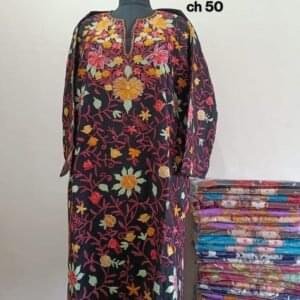 Full Jaali Aari work Pheran on Pure Raffal in Dark Brown