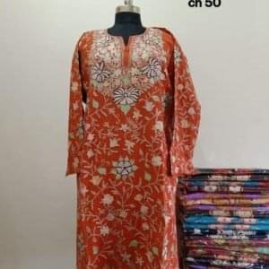 Full Jaali Aari work Pheran on Pure Raffal in Orange Color