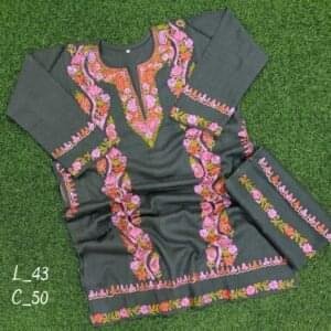 Sozni Work Ladies Woollen Pheran with Stole in Teal Color