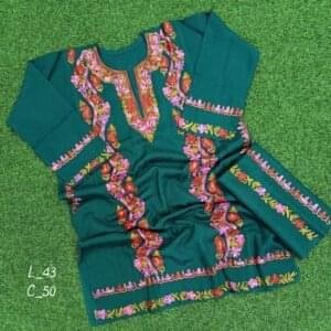 Sozni Work Ladies Woollen Pheran with Stole in Green Color