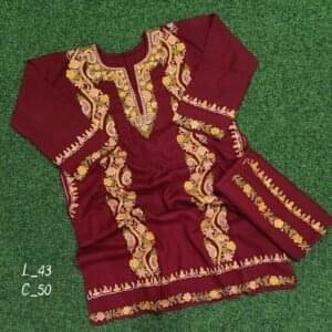 Sozni Work Ladies Woollen Pheran with Stole in Maroon Color