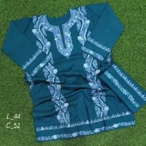 Sozni Work Ladies Woollen Pheran with Stole in Teal Color