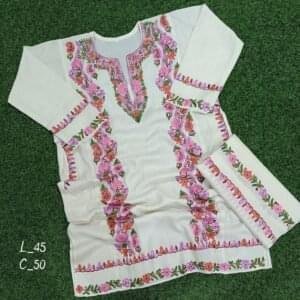 Sozni Work Ladies Woollen Pheran with Stole in White Color