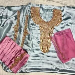 3-piece Satin Silk Unstitched Suitwith beautiful Botta Tilla #8