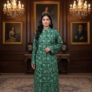 Pure Wool Long Coat with Kashmiri Ari Embroidery in Green