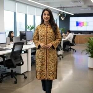 Pure Woolen Long Coat with full Kashmiri Ari Embroidery in Golden Threads