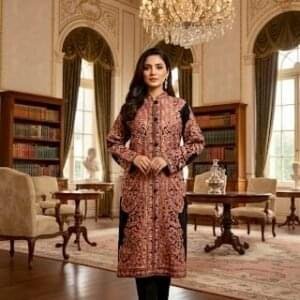 Pure Woolen Long Coat with full Kashmiri Ari Embroidery in Copper colour Threadwork